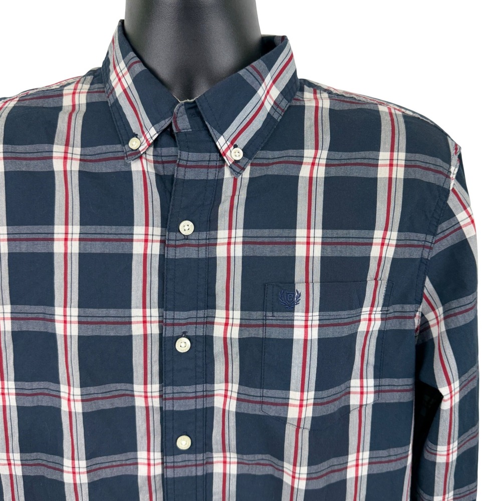 Chaps Mens Long Sleeve Plaid Button Down Shirt‎ Navy Blue Red Stretch Large